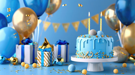 Blue and gold happy birthday cake with balloons, gifts, and candles on festive banner for invitationsの素材