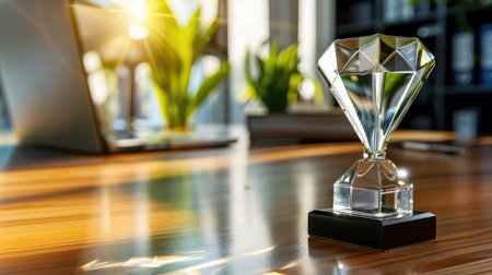 Transparent glass award placed on wooden desk in sleek office interior, blurred background highlights successの素材