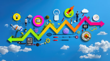 Strategic business roadmap from 2021 to 2026 with growth arrows and planning icons, highlighting vision and successの素材