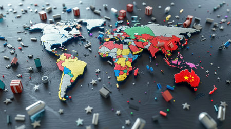 3D conceptual world map showing tension from trade sanctions and tariffs in global economic politicsの素材