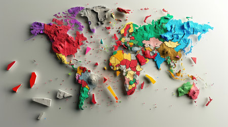 3D conceptual world map showing tension from trade sanctions and tariffs in global economic politicsの素材