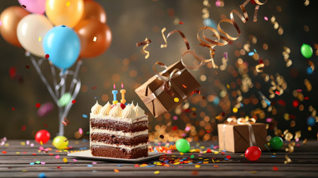 Birthday present box and brown-toned cake with festive balloons on mocha blurred backdropの素材