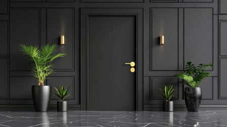 Closed black matte doors in luxury hallway setting, minimal design for stylish interiorsの素材