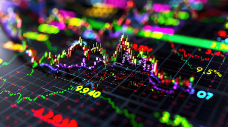 Dynamic stock market graph with colorful growth lines and numbers, reflecting exchange rate and financial successの素材