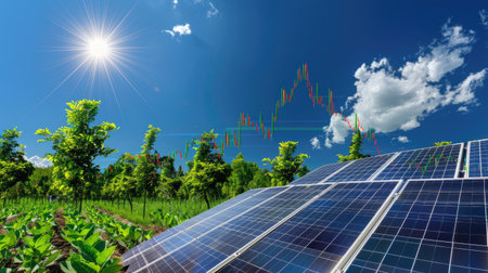 Solar panel farm under bright sun with overlay of stock chart showing rising electricity market prices and growthの素材