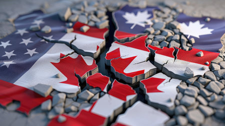 Close-up of cracked surface splitting USA and Canadian flags, representing deep trade divisionの素材