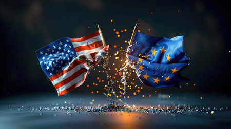 Intense trade conflict with ripped US-EU flags blowing in a storm, economic uncertainty and tariff disputeの素材