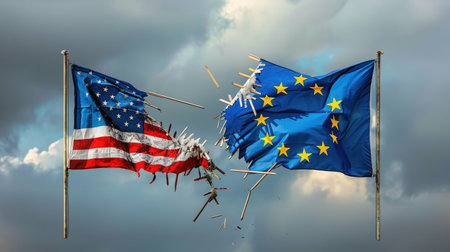 Torn US and EU flags under stormy sky, symbolizing heated trade dispute and tariff warの素材