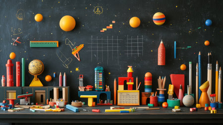 A bright and colorful array of child stationery on a blackboard backdrop, perfect for education-themed promotions and text or advert placement.の素材