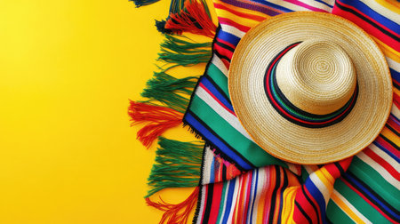 A colorful Cinco de Mayo celebration featuring a traditional striped serape on a yellow surface, perfect for promoting festive events and Mexican heritage.の素材