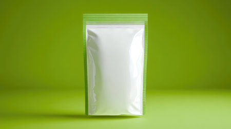 A bright green backdrop highlights a white and green resealable pouch, emphasizing its clean, modern design and practical, eco-friendly natureの素材