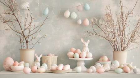 A festive Easter setup with pastel-colored eggs and bunny decorations arranged creatively on a soft background, capturing the joy of the holiday season.の素材