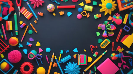 A bright and colorful array of child stationery on a blackboard backdrop, perfect for education-themed promotions and text or advert placement.の素材