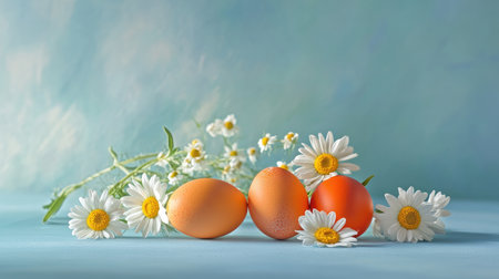 A cheerful Easter mood setup featuring vibrant eggs and fresh daisies on a light blue surface, perfect for adding festive messages or advertisements.の素材