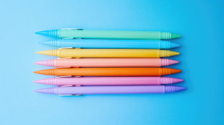 A back-to-school concept featuring colorful stationery items like pencils, markers, and paper clips arranged on a pastel blue background, perfect for education themes.の素材