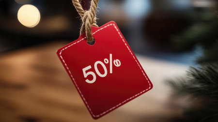 A bright red sale tag with a 50% discount attached to a rope, representing seasonal sales and clearance events in a dynamic retail atmosphere.の素材