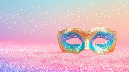 A colorful masquerade mask with glitter details set against a festive background, perfect for celebration themes and glamorous events.の素材