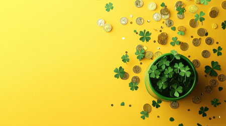 A flat lay of St. Patrick's Day decor with shamrocks, gold coins, and confetti flying out of a pot on a yellow background, perfect for holiday promotions.の素材