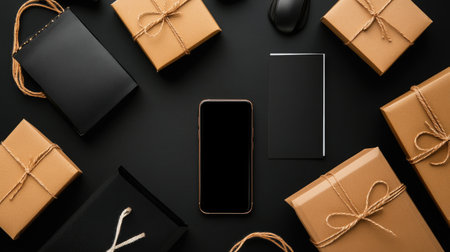 A flat lay of Black Friday shopping items such as gift boxes, paper bags, a smartphone, and a computer mouse, on a black background with empty space for promotions.の素材