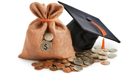 A money bag filled with coins, accompanied by a student graduation cap, symbolizing saving for tuition, scholarships, and career development.の素材