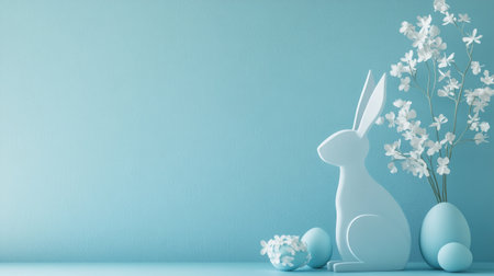 A chic Easter-themed composition with a rabbit silhouette and decorative elements on a soft blue background, perfect for holiday celebrations and creative art.の素材