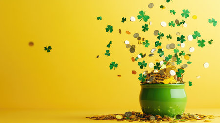 A flat lay of St. Patrick's Day decor with shamrocks, gold coins, and confetti flying out of a pot on a yellow background, perfect for holiday promotions.の素材