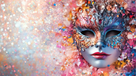 A colorful masquerade mask with glitter details set against a festive background, perfect for celebration themes and glamorous events.の素材