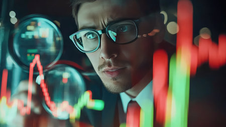 A financial professional analyzing market trends with a magnifying glass and red/green arrows symbolizing financial interest rates and economic changes.の素材