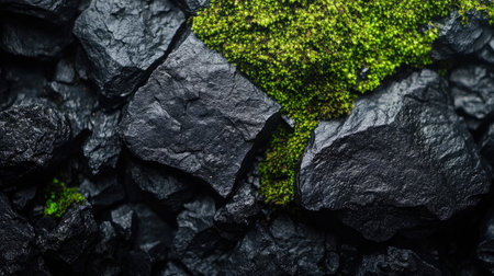 A close-up of black, dark blue, and emerald green rock textures, featuring moss and rough surface details, symbolizing the rugged beauty of nature.の素材