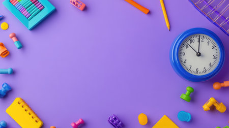 A top-down view of school essentials, including a clock, abacus, and vibrant supplies, on a violet background, with space for text or advertisement.の素材