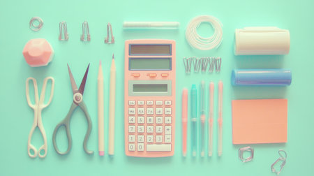 A collection of school stationery items including markers, scissors, calculator, pencils, and paper clips, arranged neatly on a pastel background.の素材