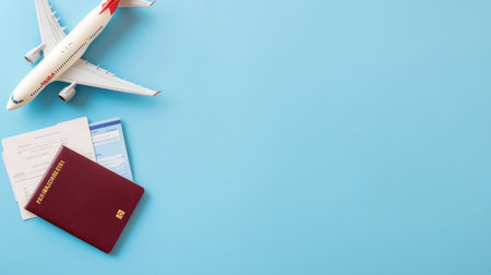 A flat lay of a passport, boarding passes, and a model airplane on a light blue background, representing the adventure of travel and vacation plans.の素材