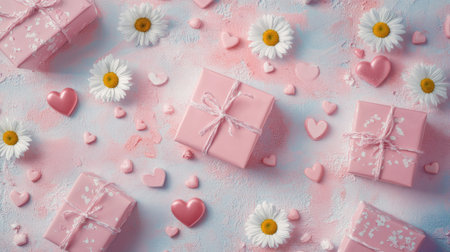 A flat lay composition featuring wrapped pink gifts, daisies, and decorative hearts on a soft pastel surface, perfect for a celebratory or romantic settingの素材