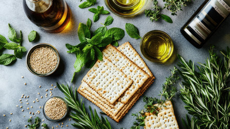 A top-down view of a Passover table layout with matza, wine, olive oil, sesame, and other essentials, arranged on a refined grey surface with additional greenery.の素材