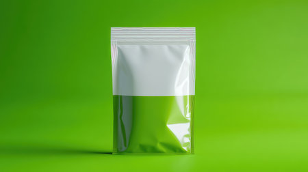A modern resealable white and green pouch placed on a bright green background, showcasing its sleek design and versatile functionality.の素材