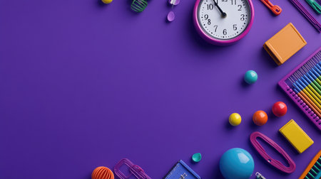 A top-down view of school essentials, including a clock, abacus, and vibrant supplies, on a violet background, with space for text or advertisement.の素材