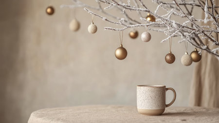 A side view of a Scandinavian-inspired festive setup with a mug, frosted branch, and hanging ornaments on a simple table, evoking warmth and seasonal charm.の素材