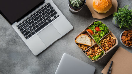 A functional workspace with a bento box lunch, including sandwiches and nuts, arranged alongside work essentials like a laptop and stationery.の素材