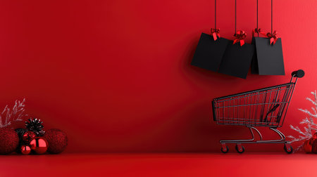 A dynamic Black Friday sale display with black tags, a mini shopping cart, and festive decorations, set against a bold red backdrop, perfect for sales promotions.の素材
