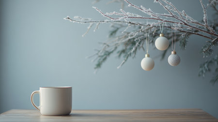 A minimalist Scandinavian style setup featuring a festive mug, hanging ornaments, and a frosted branch on a simple table, creating a cozy, wintery ambiance.の素材
