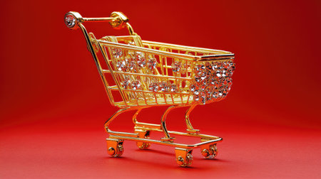 A golden miniature shopping cart set against a bold red background, representing retail sales, festive shopping, and holiday promotions.の素材