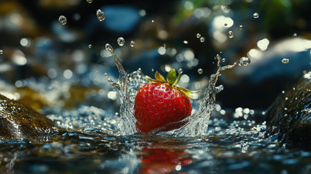 A fresh red strawberry splashes into clear water, creating an energetic splash and showcasing vibrant imagery of freshness and vitality.の素材