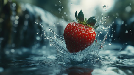 A fresh red strawberry splashes into clear water, creating an energetic splash and showcasing vibrant imagery of freshness and vitality.の素材