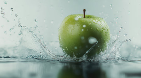 A green apple surrounded by droplets, splashing in clear water on a white backdrop, perfect for showcasing freshness and vitality.の素材
