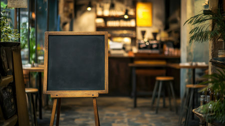 A rustic chalkboard stand at the entrance of a warm and inviting cafe perfect for showcasing menus, specials, or creating a cozy ambiance.の素材