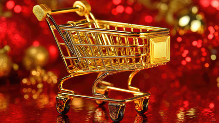 A golden miniature shopping cart set against a bold red background, representing retail sales, festive shopping, and holiday promotions.の素材