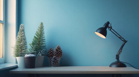 A side view of a simple Scandinavian workspace with pine trees, pine cones, and a desk lamp on a blue backdrop, exuding a warm and cozy winter atmosphere.の素材