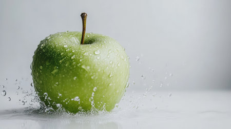 A green apple surrounded by droplets, splashing in clear water on a white backdrop, perfect for showcasing freshness and vitality.の素材