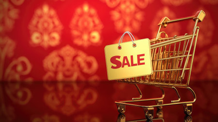 A golden shopping cart with a sale tag on a red background, conveying discounts, festive sales, and seasonal shopping promotions.の素材