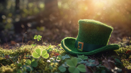 A green leprechaun hat nestled among clover and moss, illuminated by sunlight, capturing the essence of Irish culture and festive spirit.の素材